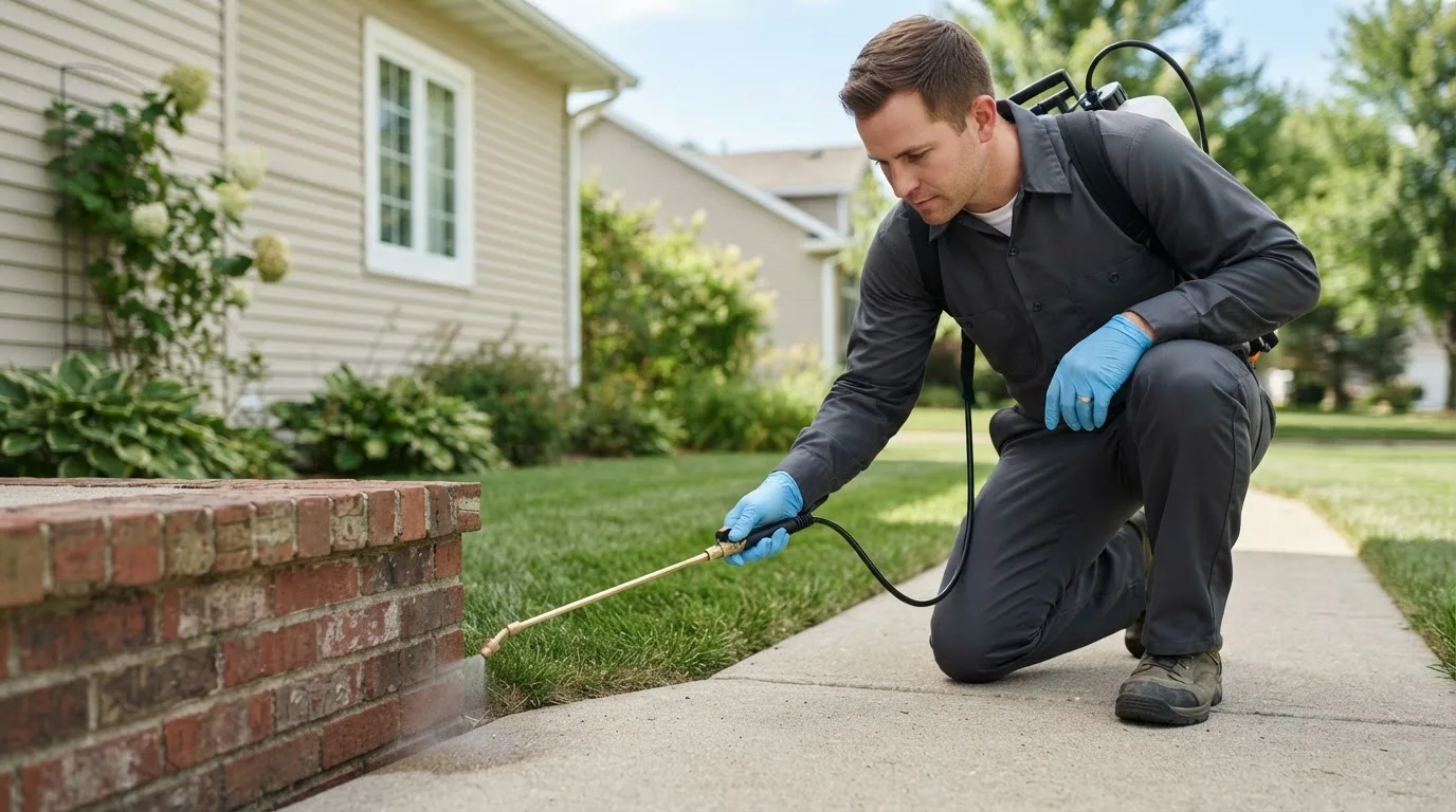 Pest control technician treating a home near Kimberling City, MO