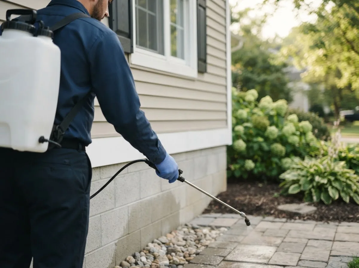 Pest control technician inspecting a home in Kimberling City, MO